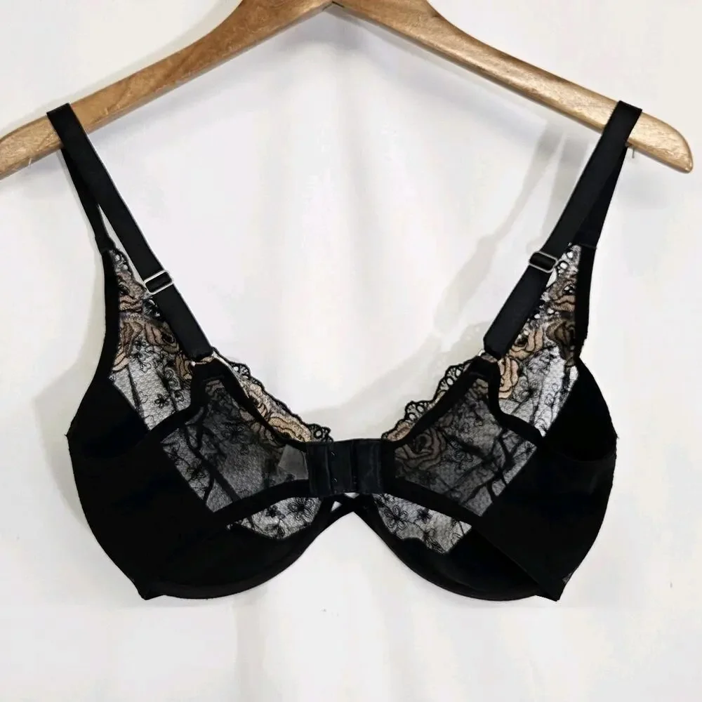Wacoal Black Lace Rose Applique Retro Underwire Bra 65172 Size 36DD